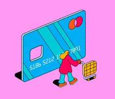 a person pushing a cart with a credit card attached to it on a pink background