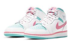 Nike Air Jordan 1 Mid GS Digital Pink dressed in a white, digital pink, aurora green and soar color scheme. This grade school edition of the mid-top Air Jordan 1 features a teal leather base with white overlays and pink contrasting accents throughout. Speckled laces with hits of blue on the tongue, wings logo and heel completes the design. (AJ1/SNKR/Retro/Mid Top/Basketball) Air Jordan 1 Mid Digital Pink, Doudoune The North Face, Air Jordan 1 Mid White, Jordan 1 Mid White, Air Jordan 1 Mid Gs, Pink Aurora, Preppy Shoes, Womens Basketball Shoes, Nike Air Jordan 1 Mid