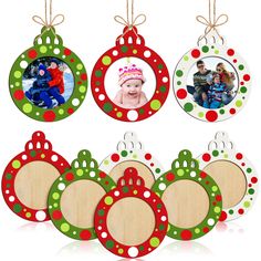 christmas ornament ornaments are hanging on a white background with red and green polka dots