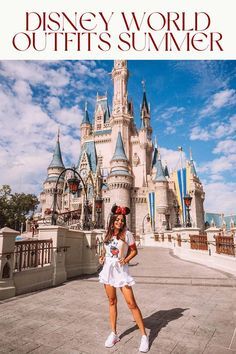 a woman standing in front of a castle with the words disney world outfits summer written on it