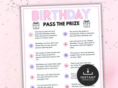 a birthday pass the prize game with pink and black lettering, on a pink background