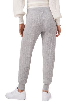 A supersoft cable knit elevates a pair of joggers that are comfy enough for lounging and stylish enough for a coffee date with friends. 27" inseam; 7" leg opening; 10" front rise; 13 1/2" back rise (size X-Large) Elastic/drawstring waist 55% cotton, 26% polyester, 11% nylon, 5% merino wool, 3% spandex Hand wash, dry flat Imported Women's Clothing Cozy Fit Winter Joggers, Winter Cozy Joggers, Cozy Fit Joggers For Winter Loungewear, Cozy Winter Joggers For Lounging, Cozy Winter Lounging Joggers, Casual Ribbed Leisure Bottoms, Cozy Winter Joggers, Casual Ribbed Sweatpants For Winter, Winter Knit Loungewear Bottoms