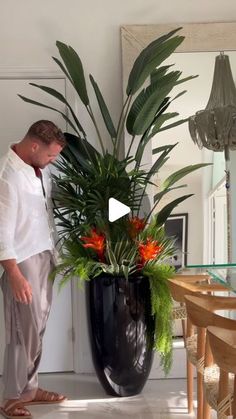 a man standing next to a large potted plant on top of a white floor