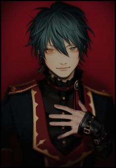 an anime character with green hair and black clothes, holding his hand on his chest