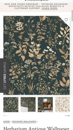 an image of a wallpaper with flowers and leaves in gold, green, white and black