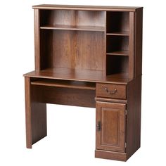 a wooden desk with an open bookcase on it's top and bottom shelf