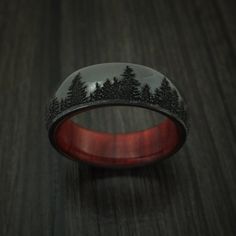 Black Zirconium Ring with Tree Design and Hardwood Sleeve Custom Made | Revolution Jewelry Designs Pine Tree Design, Zirconium Ring, Black Titanium Ring, Black Zirconium Ring, Gold Wedding Bands Women, Titanium Rings For Men, Heart Wood, Rose Gold Wedding Bands, Dream Engagement