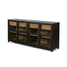 the sideboard is made out of wood and has four compartments on each side, one with