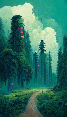 a painting of a forest scene with a red light in the middle and trees on either side