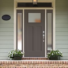 a gray front door with two planters on the steps and a light above it