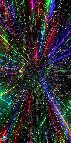 an abstract background with colorful lines and dots in the center, as well as bright lights