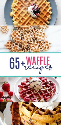 different waffles are shown with the words 65 + waffle recipes on them