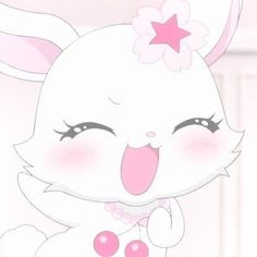 a cartoon bunny with a pink bow on her head and eyes, sticking out its tongue