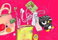 a drawing of a bag, purse, and other items on a pink background with handwritten notes