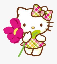 a hello kitty holding a pink flower in her hand and wearing a plaid shirt with the word hello kitty on it