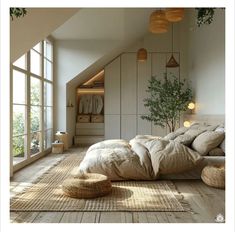 a bed sitting in the middle of a bedroom next to a window with lots of windows