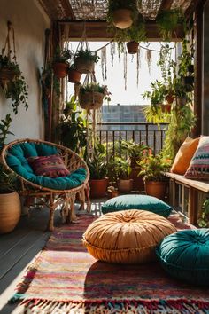 Add boho flair with macramé plant hangers | colorful outdoor rugs | woven furniture | fairy lights | ethnic print cushions | bamboo privacy screens | jute ottomans | hanging egg chairs | Moroccan lanterns | driftwood art | clay planters | rattan side tables | tassel garlands | bohemian wind chimes | low seating arrangements. Perfect for small boho balconies | outdoor bohemian style | cozy balcony makeovers. Boho Balcony Decor, Cozy Balcony, Egg Chairs