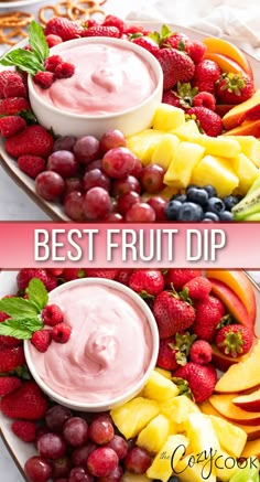 two plates filled with fruit and dips on top of each other