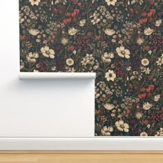 an image of a wallpaper with flowers and berries on it in a room setting