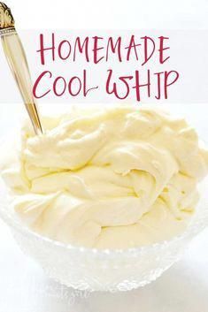 the cover of homemade cool - whip is shown in a bowl with a spoon sticking out of it