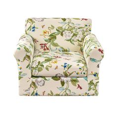 a white chair with flowers on it and green leaves around the armrests, sitting in front of a white background