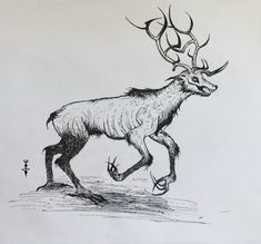 a black and white drawing of a deer running