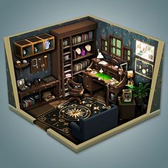 an overhead view of a living room with furniture and bookshelves on the walls