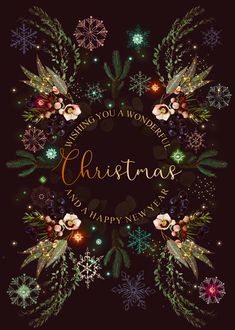 a christmas card with flowers and snowflakes in the center on a black background