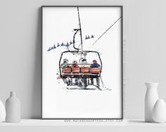 a watercolor painting of two people on a ski lift