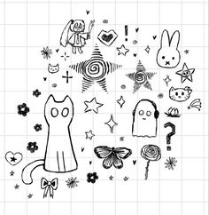 an image of various items drawn in black and white on a tiled surface with flowers, butterflies