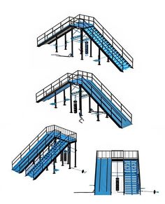 three blue stairs with steps and railings in the shape of an open air zone