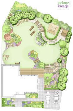 an aerial view of a garden with lots of trees and plants in the ground plan