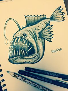 a pencil drawing of a fish with its mouth open and teeth wide open on top of it