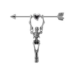 a skeleton with an arrow on it's back and heart in the middle, hanging from