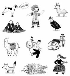 black and white illustrations of people, animals, and other things on a white background