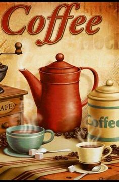 a painting of coffee and teapots on a table with the words coffee written in large letters