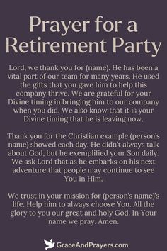 a poem written in black and white with the words prayer for a retirement party