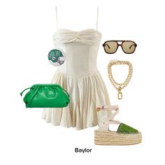 a white dress, green purse and sunglasses are on display in front of a white background