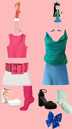 an assortment of women's clothing and shoes on a pink background