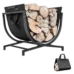 a black firewood holder with logs in it and a bag on the ground next to it