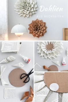 paper flowers and other crafting supplies are arranged on top of each other in this collage