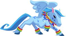 an image of a blue pony with rainbows on it