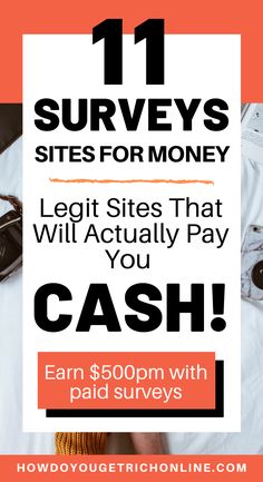 the words 11 surveys sites for money are shown above an image of sunglasses and other items