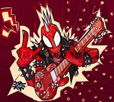 a drawing of a spiderman playing an electric guitar in front of a red background