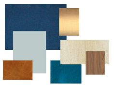 several different colors of wood and metal on a white background, including blue, brown, beige