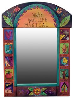 Medium Mirror – Inspirational make your life magical mirror with boxed icons down the sites painted in a retro palette Hand Painted Mirrors Wall, Magical Mirror, Fancy Mirror, Retro Palette, Fancy Mirrors, Secret Passage, Folk Decor, Sticks Furniture, Mirror Paint