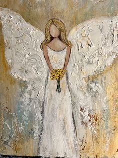 an angel painting with white wings holding a bouquet of yellow flowers in her hand and looking down at the ground