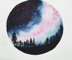 a painting of the night sky with stars and trees on it, painted in acrylic paint