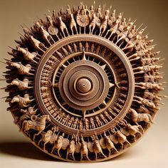 an intricately carved wooden sculpture with animals on it's sides and the center