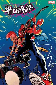 the cover to spider - punk, featuring two young men on drums and one playing guitar